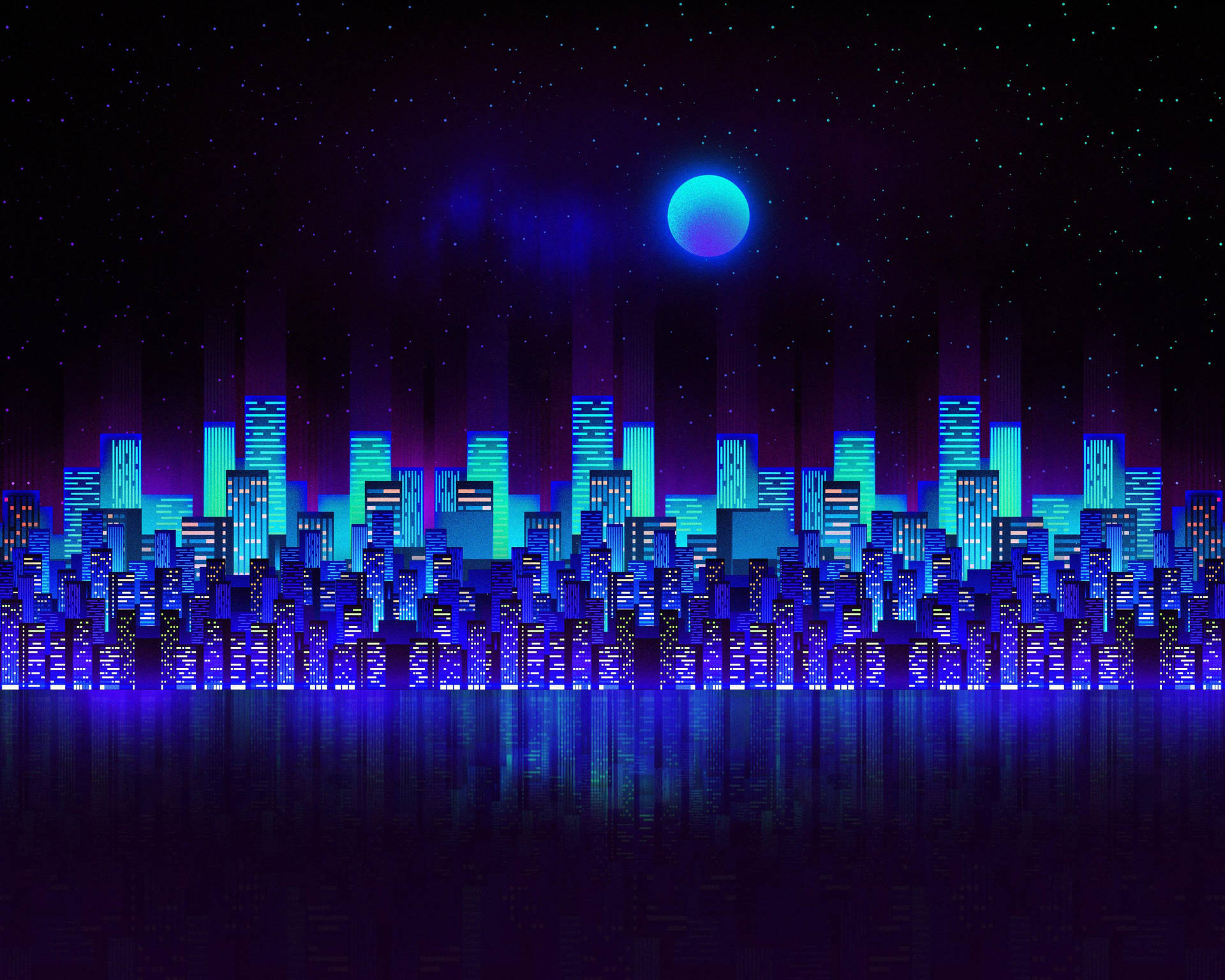 Neon Blue Aesthetic City Skyline Wallpaper