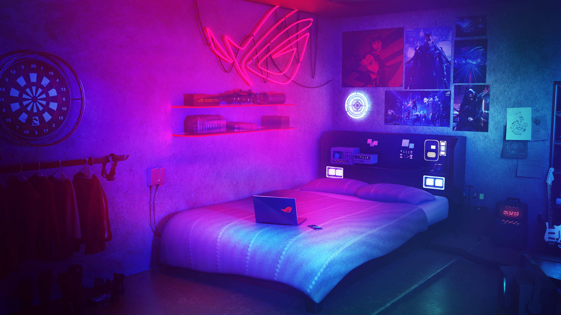 Neonblå og lilla soveværelse Wallpaper