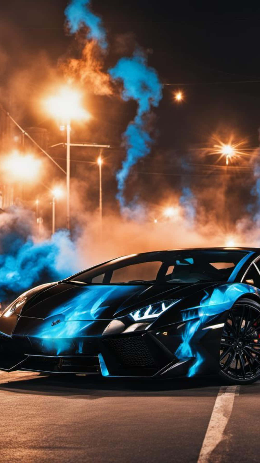 Neon Blue Lamborghini Night Scene Wallpaper