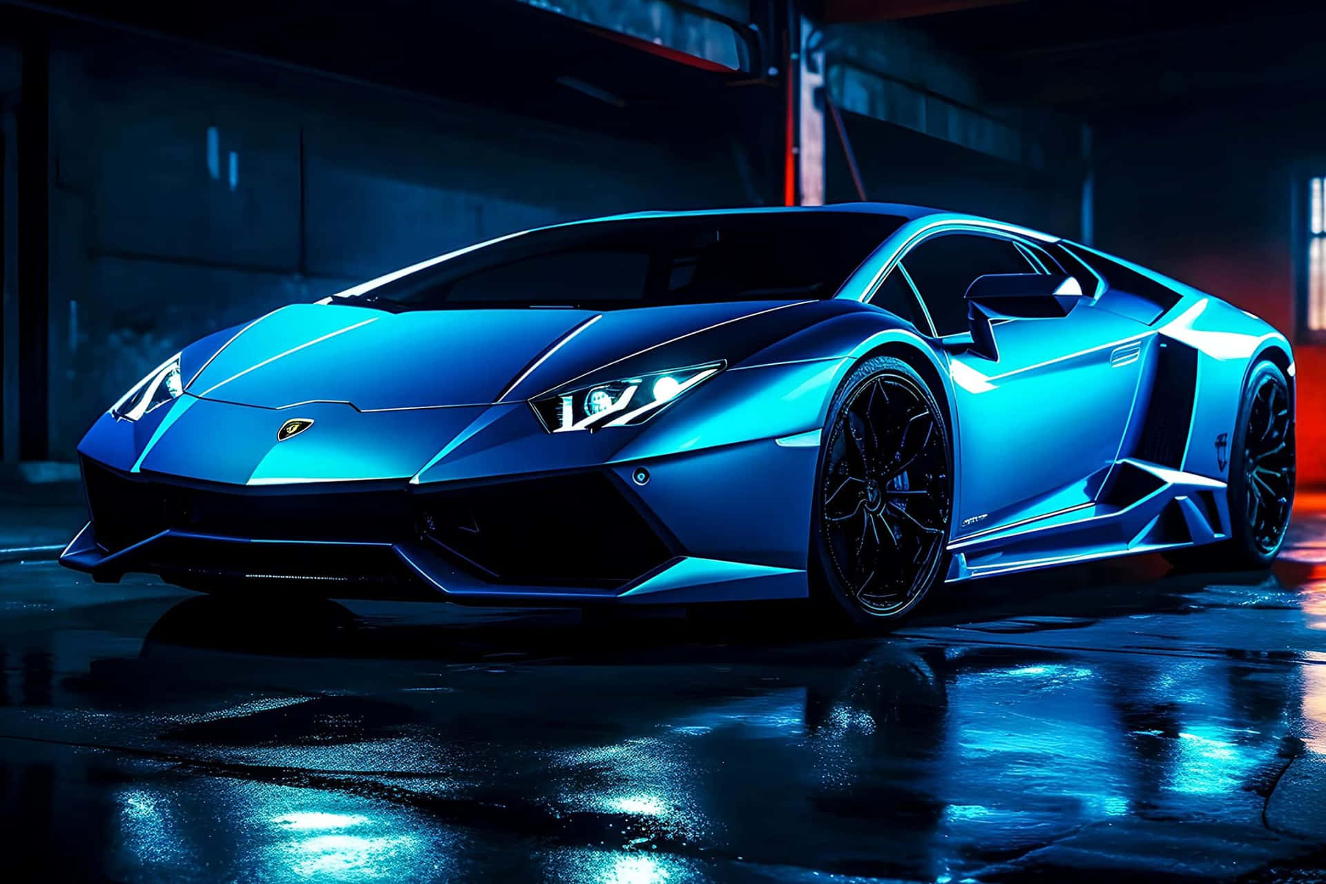 Neon Blue Lamborghini Night Scene Wallpaper