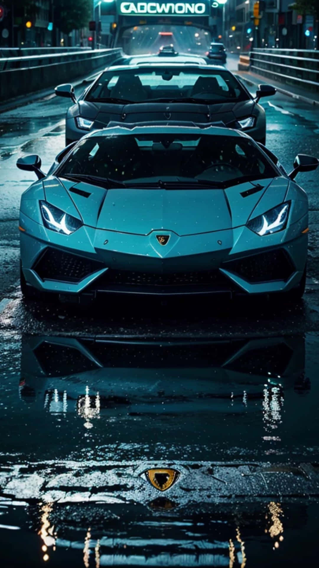 Neon Blue Lamborghiniin Rain Wallpaper