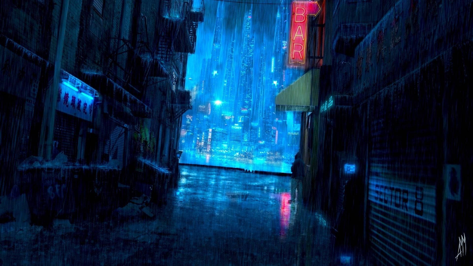 Neon Blue Raining Street Wallpaper