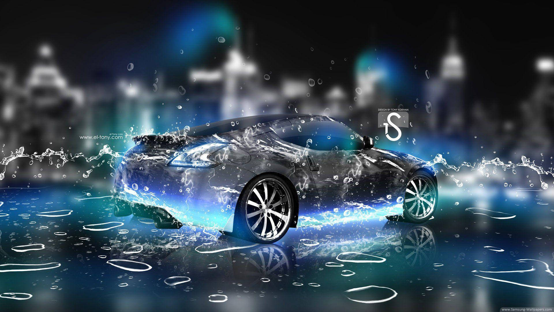 Neon Car In Rain Wallpaper