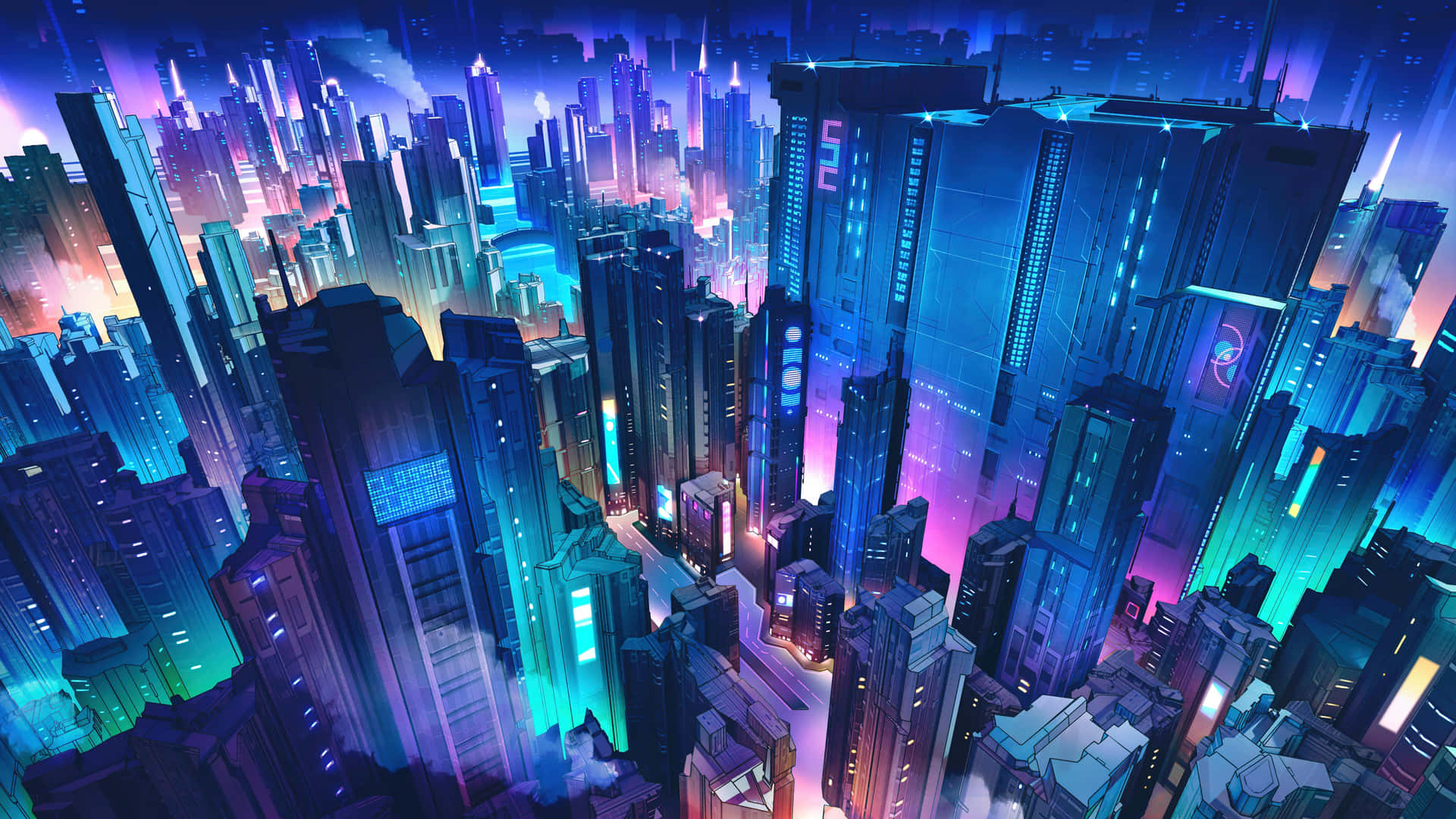 Unhorizonte De Ciudad Brillante Iluminado Por Un Vibrante Espectro De Colores Neón. Fondo de pantalla