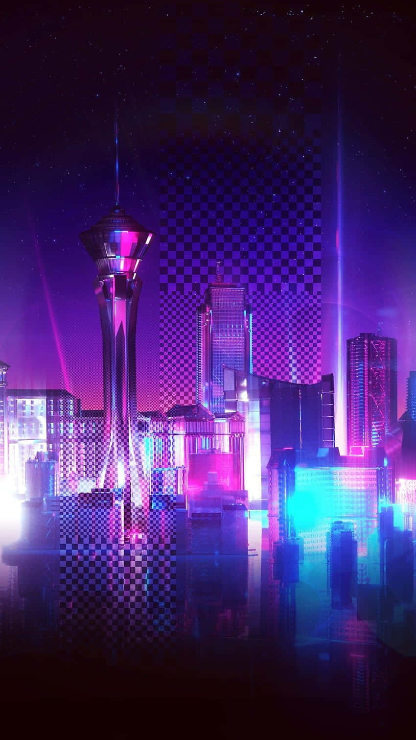 Neon lights reflecting off a futuristic cityscape. Wallpaper
