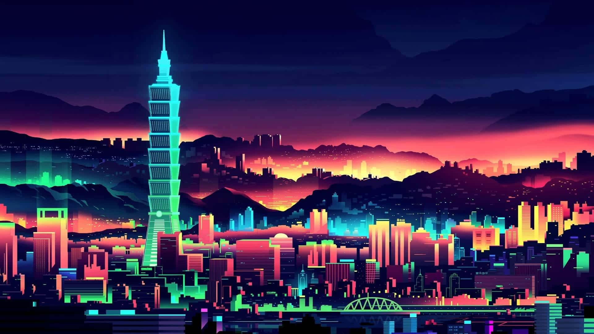 An illuminated futuristic cityscape