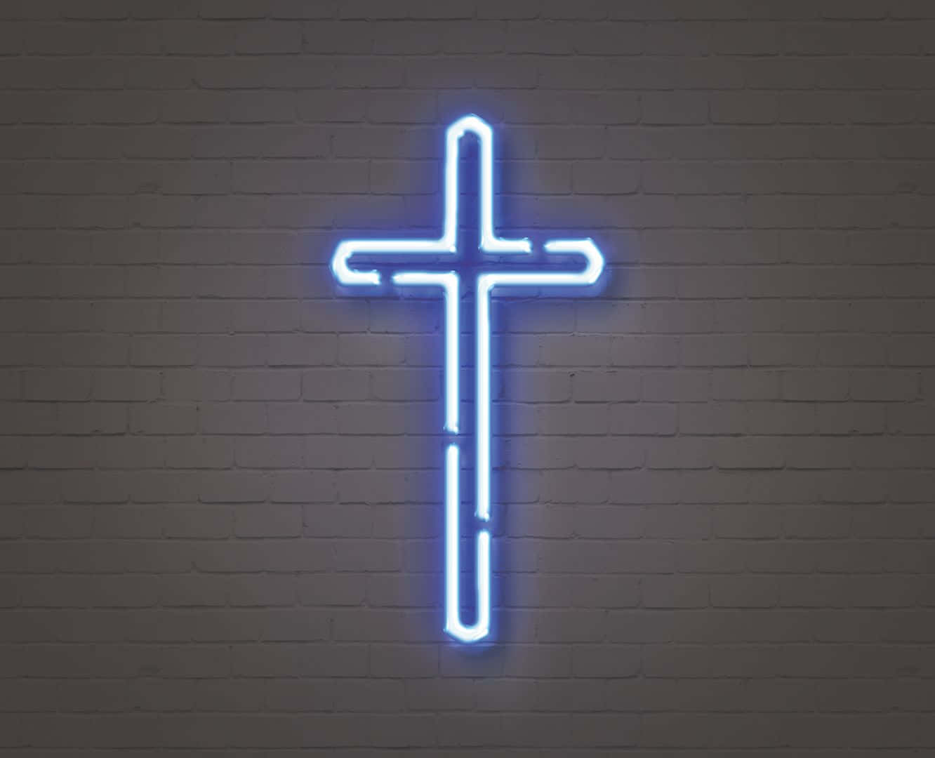 Einblaues Neonkreuz An Einer Ziegelwand Wallpaper