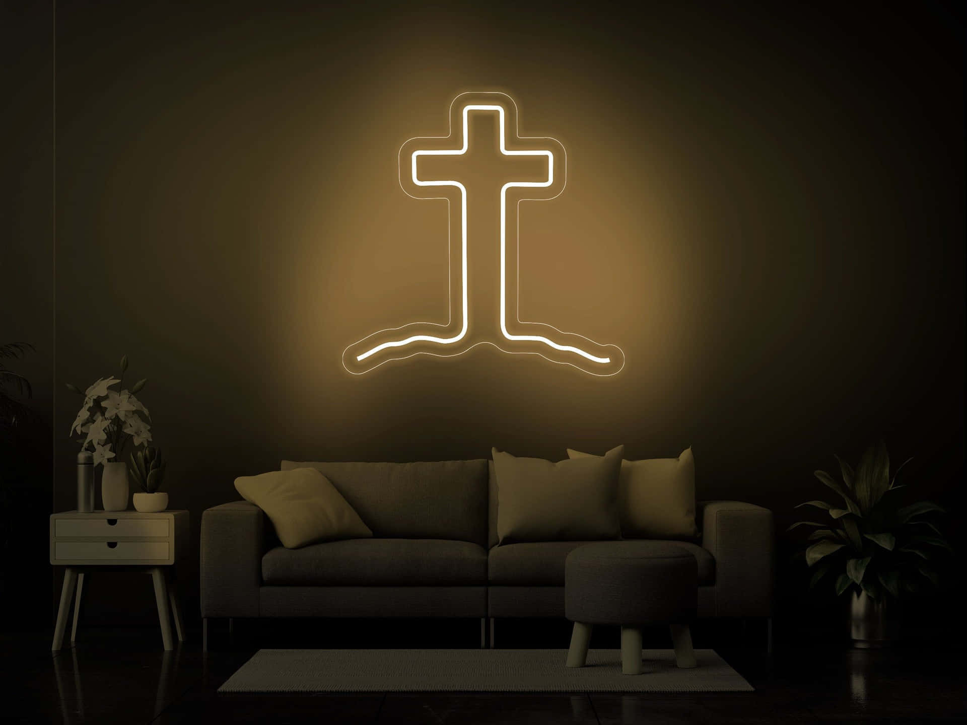 A Neon Cross In A Living Room Wallpaper