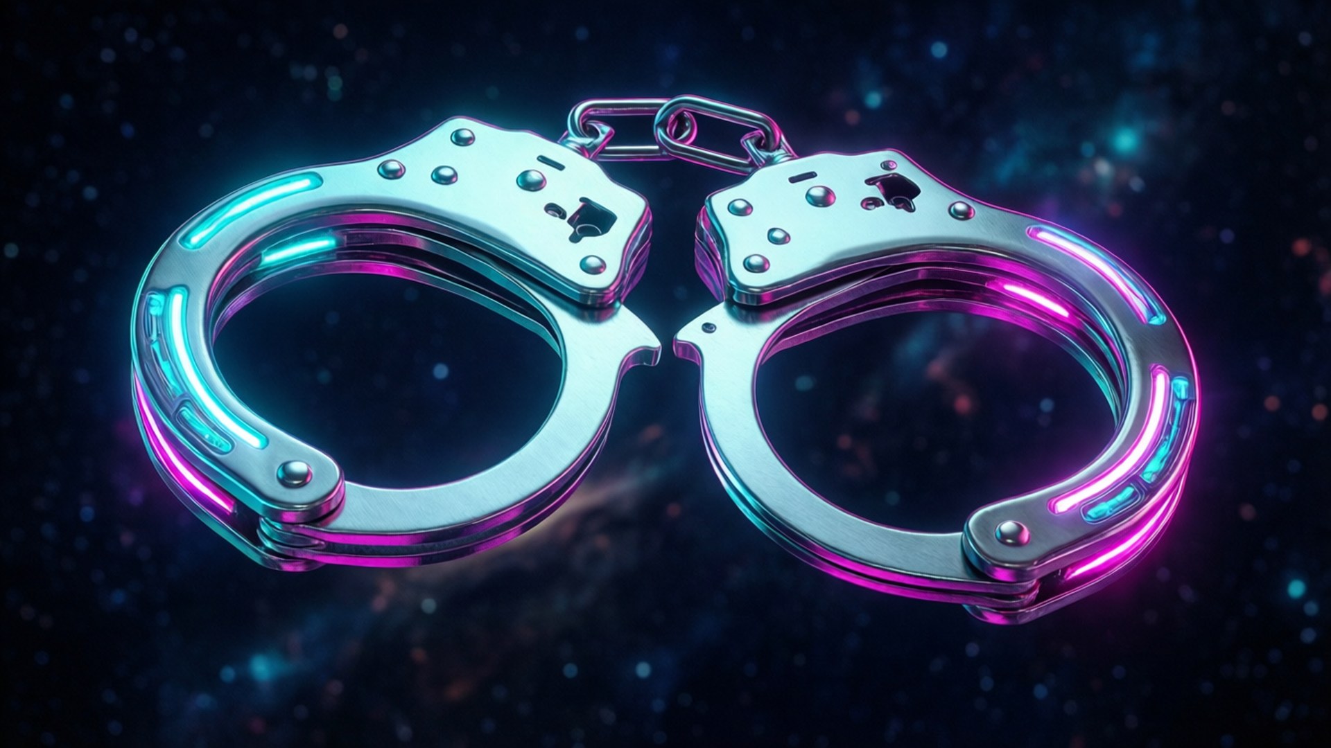 Cyberpunk neon handcuffs floating in a vibrant space.