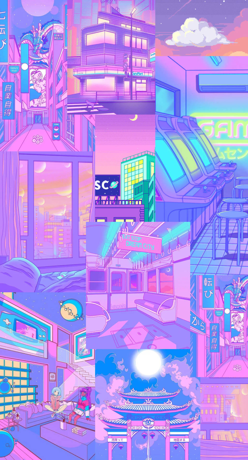 Neon Cute Retro Anime Aesthetic Collage Wallpaper