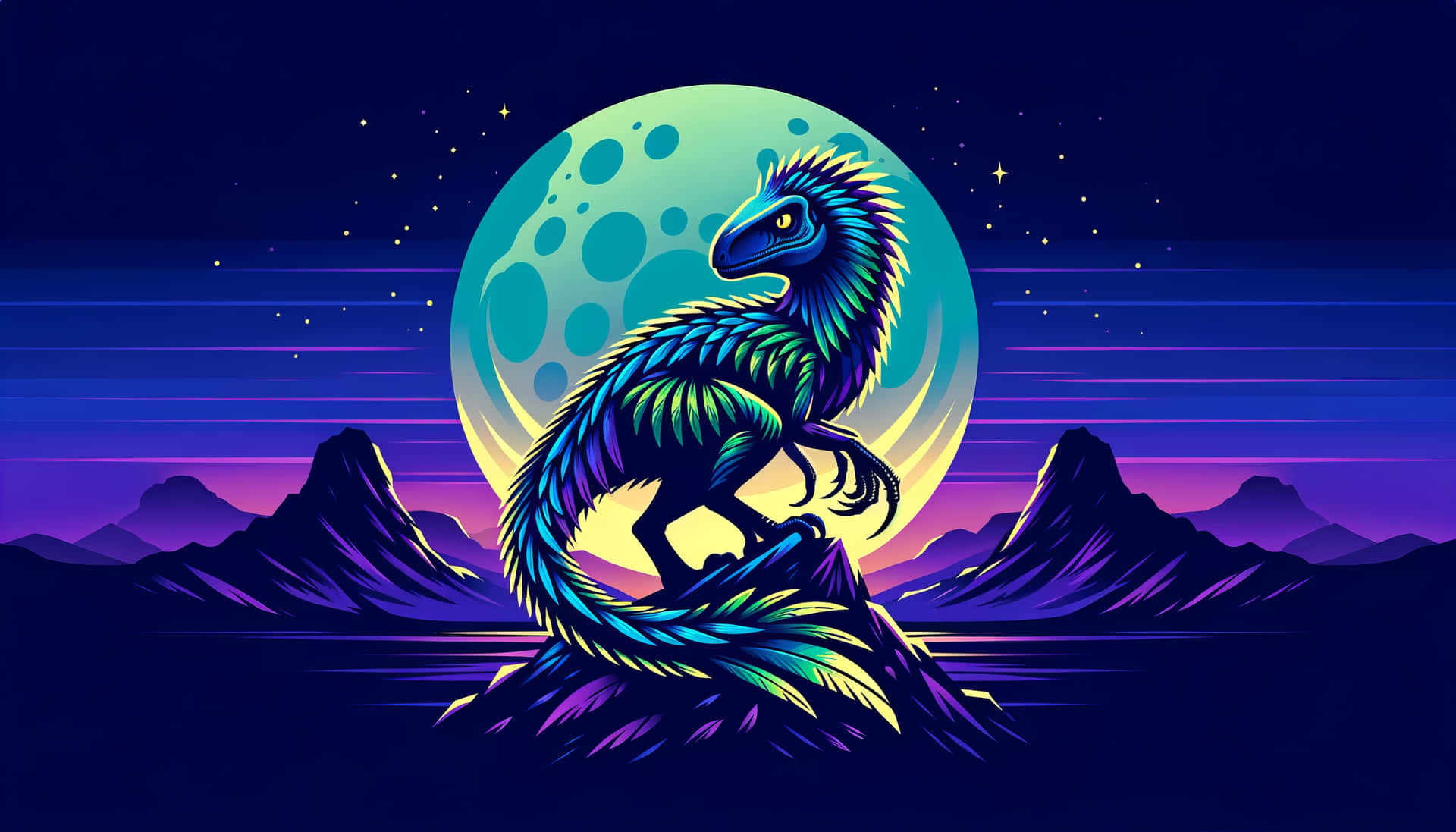 Neon Dinosaur Moonlight Desktop Wallpaper