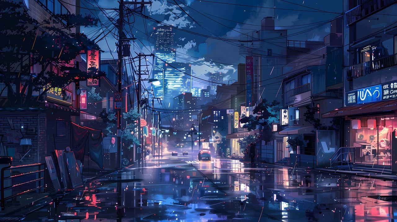 Neon Drenched Anime Cityscape At Night Wallpaper