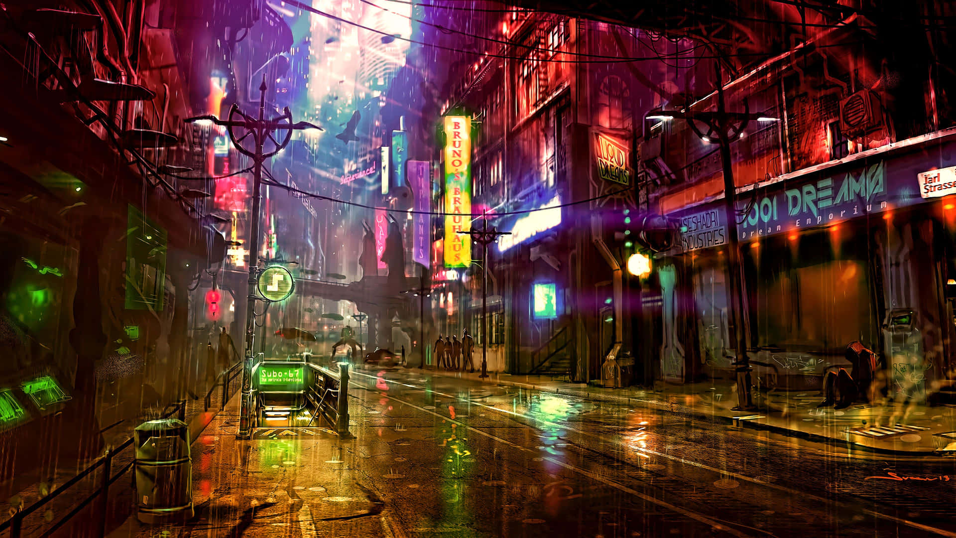 Neon Drenched Cyberpunk Alleyway Wallpaper