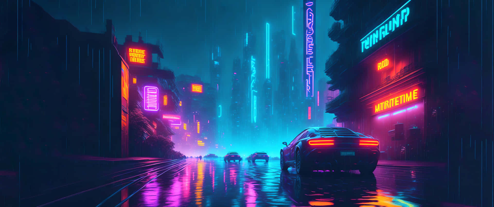 Neon Drenched Dystopian Cityscape Wallpaper