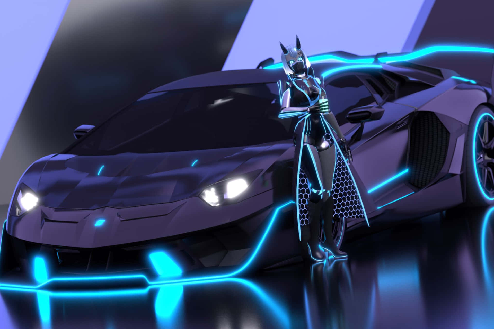 Neon Edged Lamborghini With Futuristic Knight Wallpaper