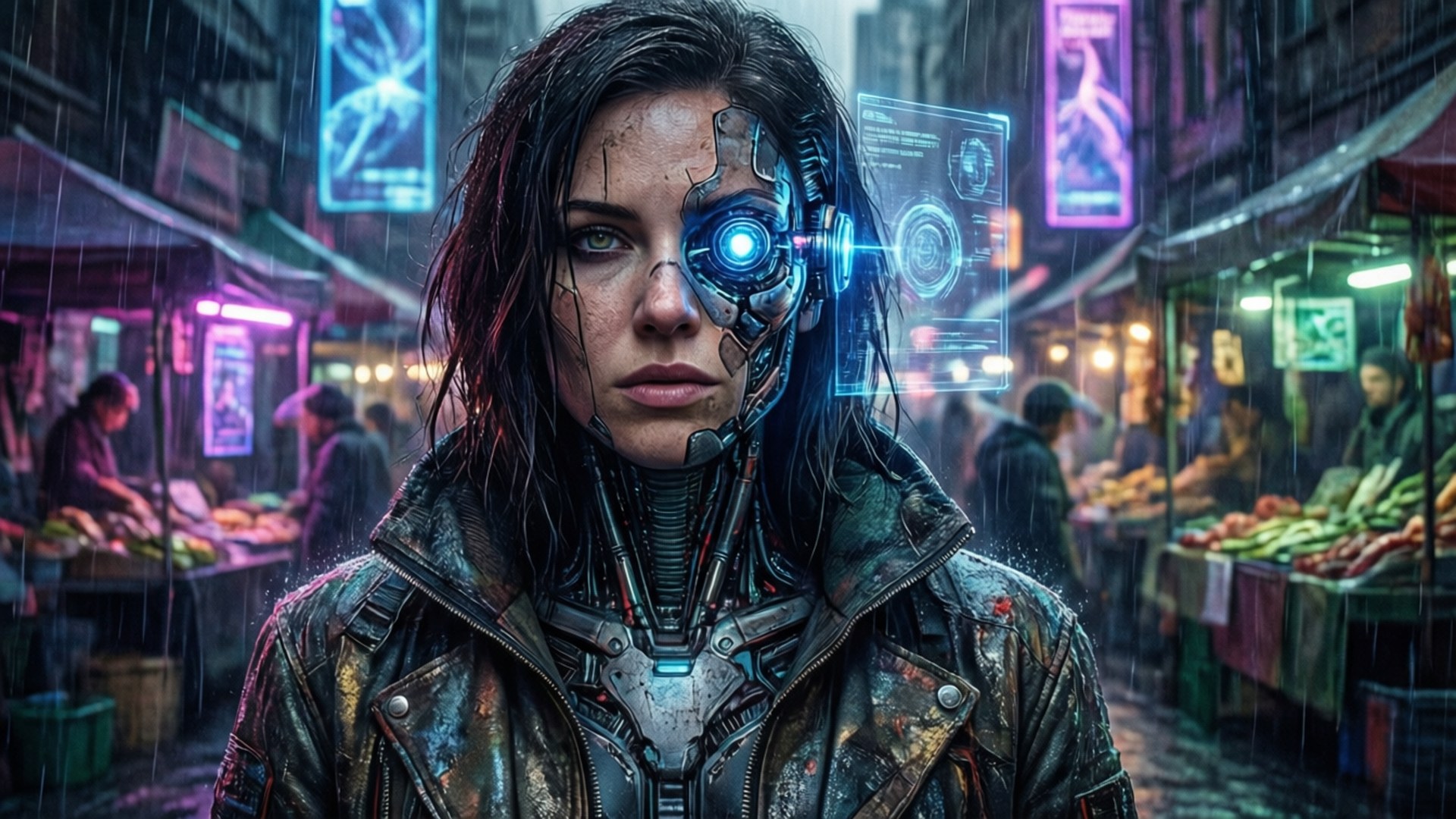Stella Maeve en un entorno cyberpunk con cibernética.