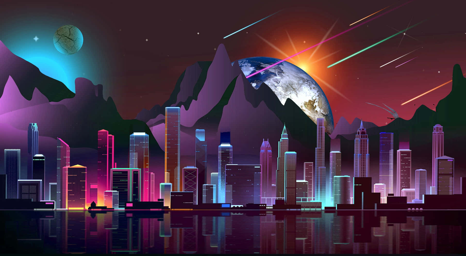 Neon Future Cityscape Meteor Shower Wallpaper