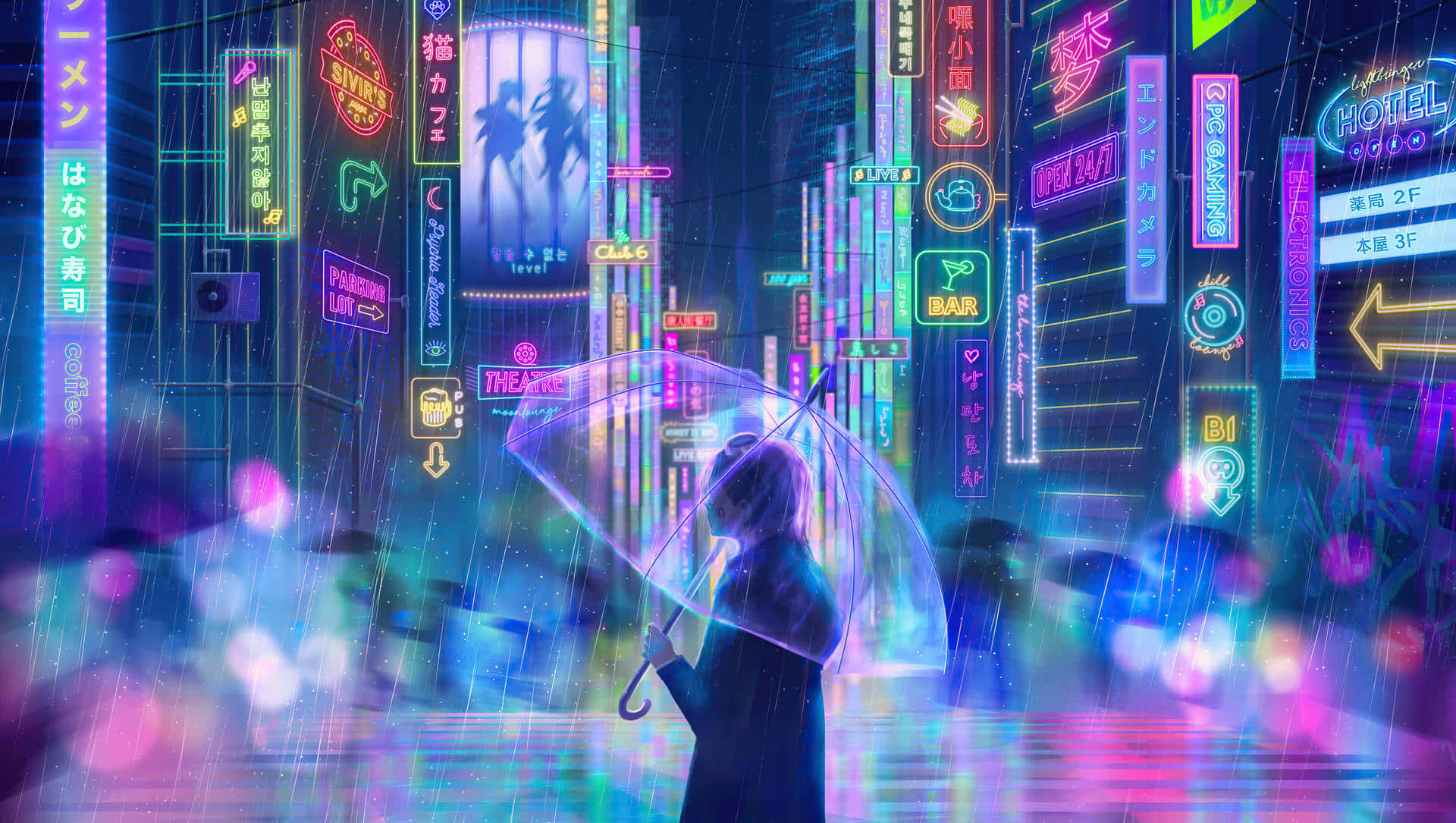 Neon Future Cityscape Umbrella Walker.jpg Wallpaper