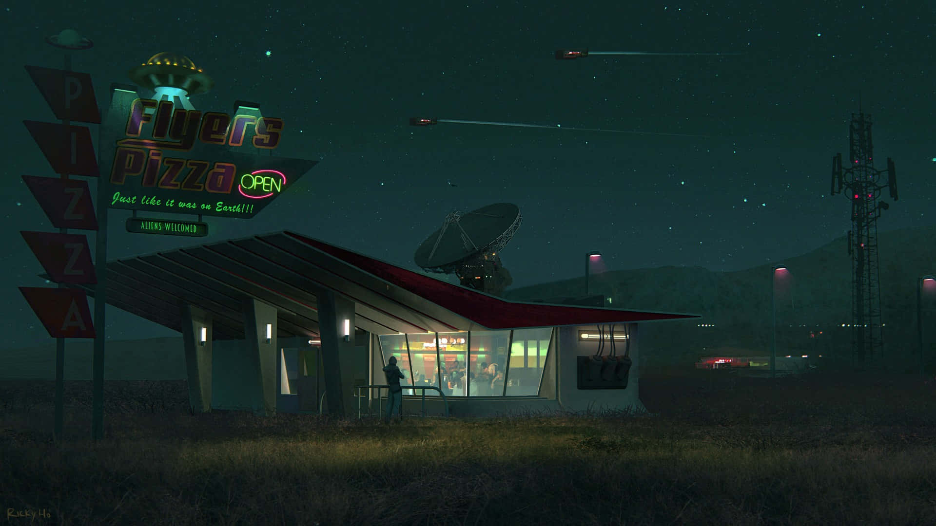 Neon Future Pizza Diner Night Scene Wallpaper