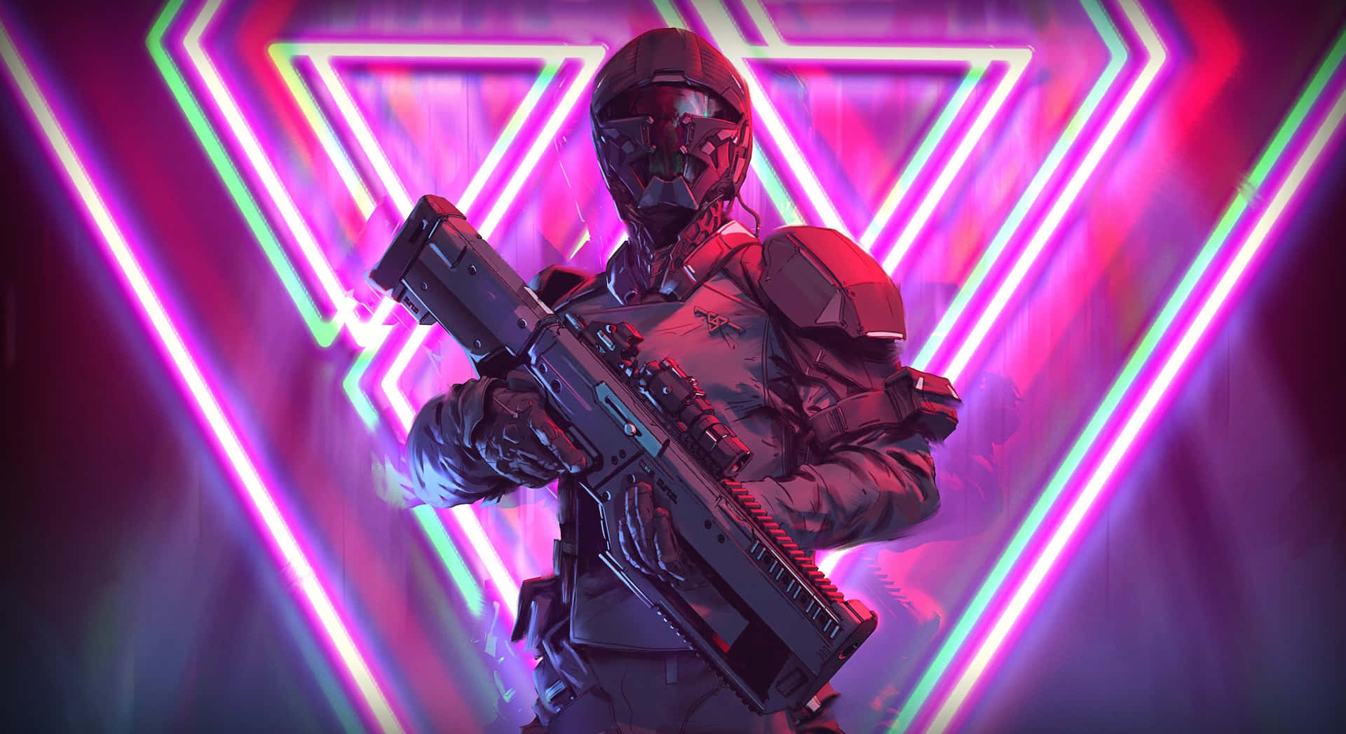 A Man In A Suit With A Gun In Front Of A Neon Background Wallpaper