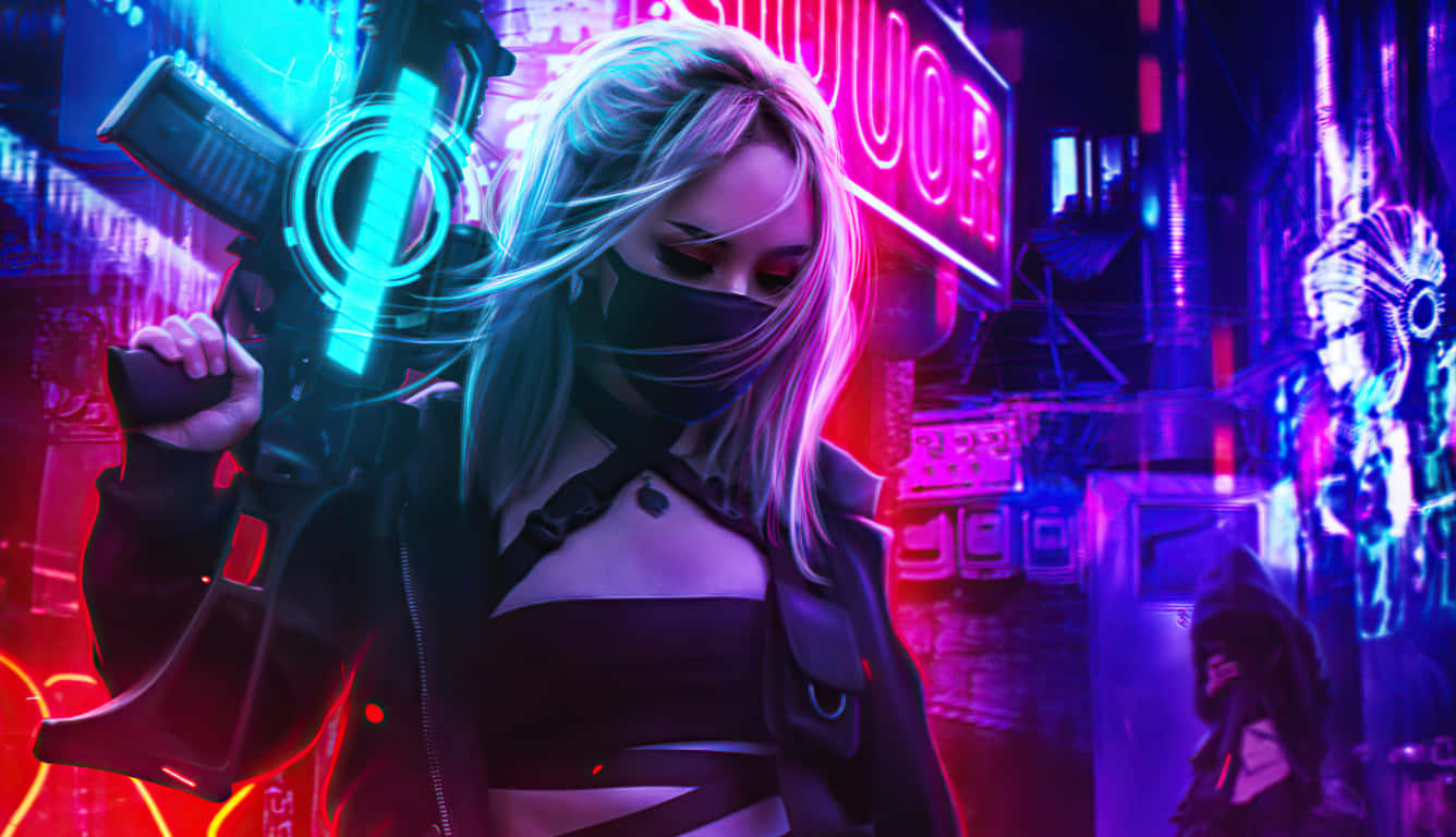 A Girl With A Gun In A Neon City Wallpaper