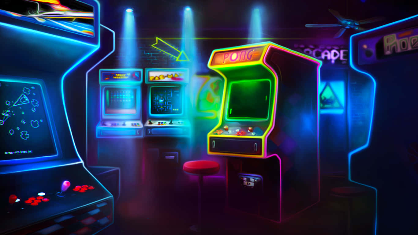 A Neon Arcade Room With Neon Lights Wallpaper