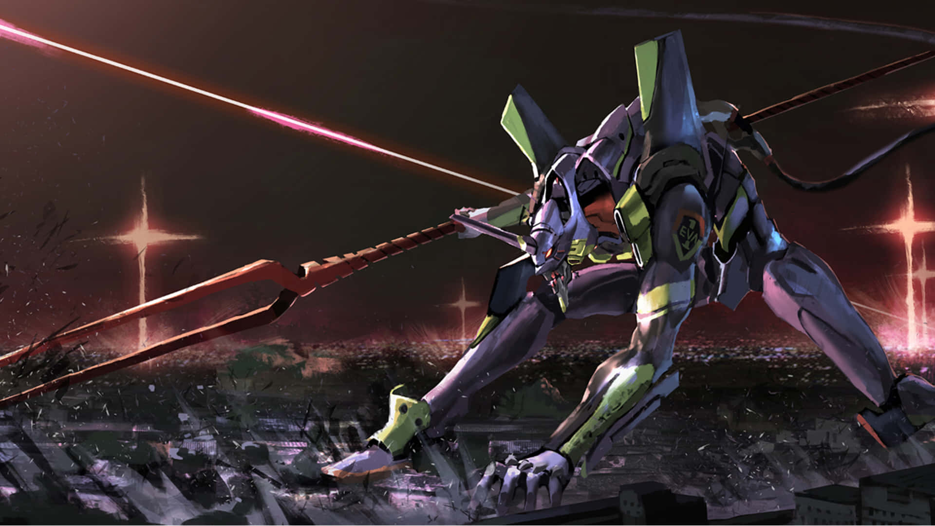 Shinjiikari Kämpft Neben Eva-01, Um Tokyo-3 Vor Den Einfallenden Engeln Zu Schützen.