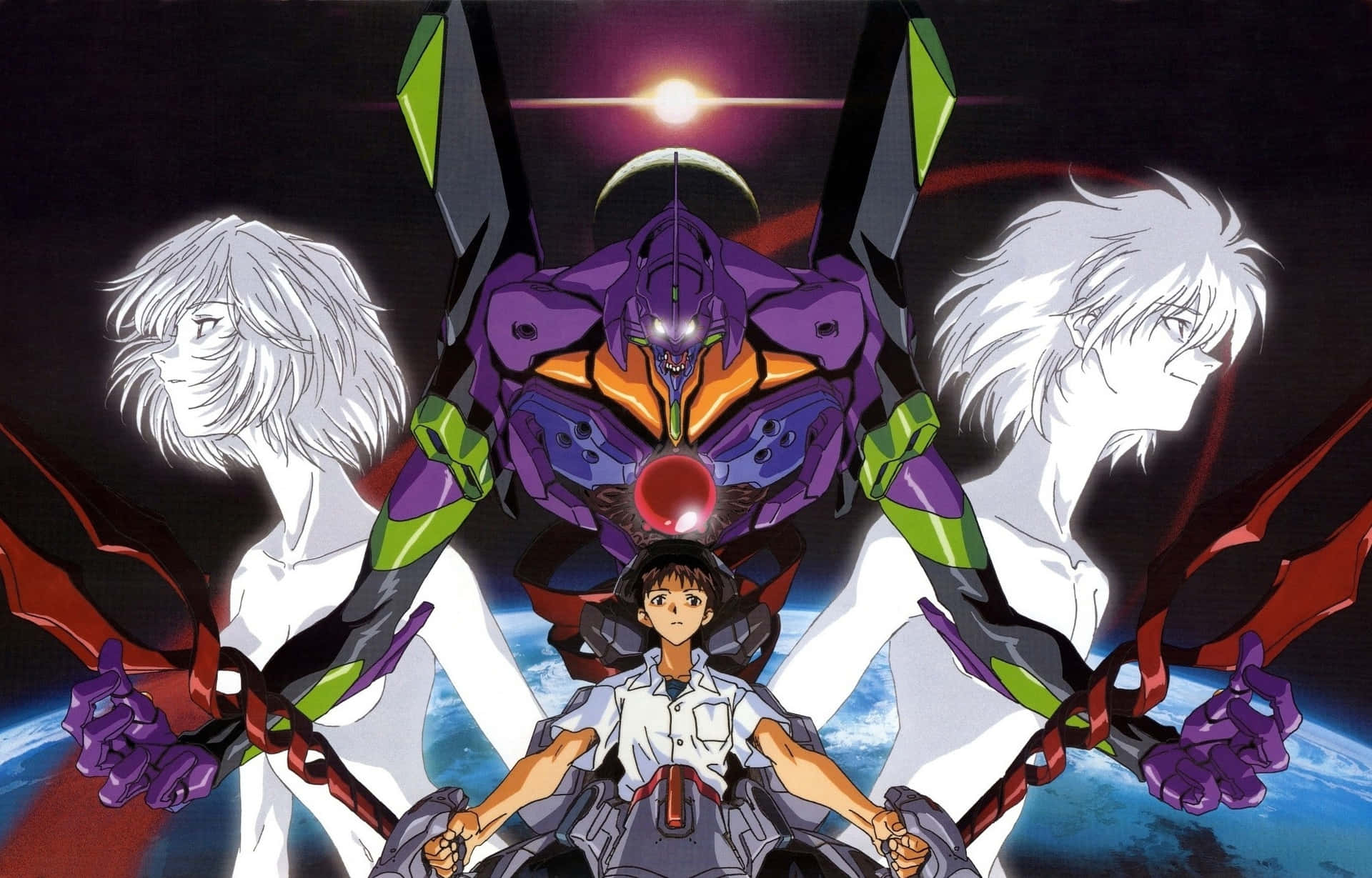 Shinji Ikari og Rei Ayanami fra Neon Genesis Evangelion i et roligt omfavnelse.