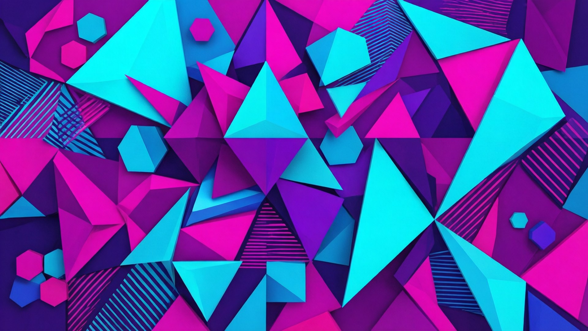 A modern abstract wallpaper with geometric shapes in neon cyan and magenta.