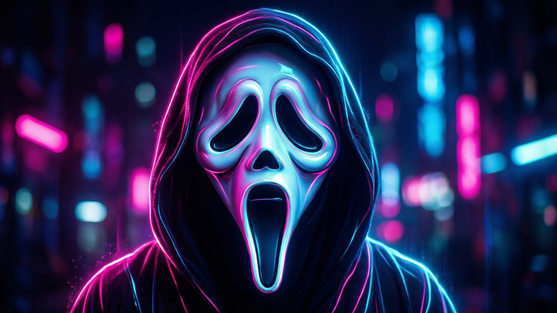 Een neon omlijnde Ghostface in cyberpunk-stijl.