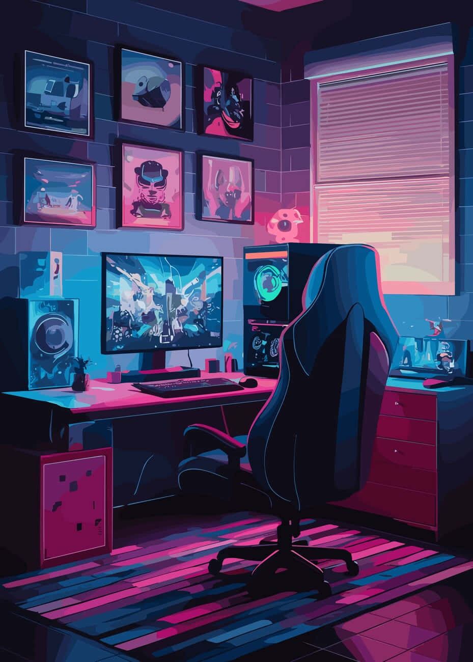 Neon Glow Anime Gamer Room Wallpaper