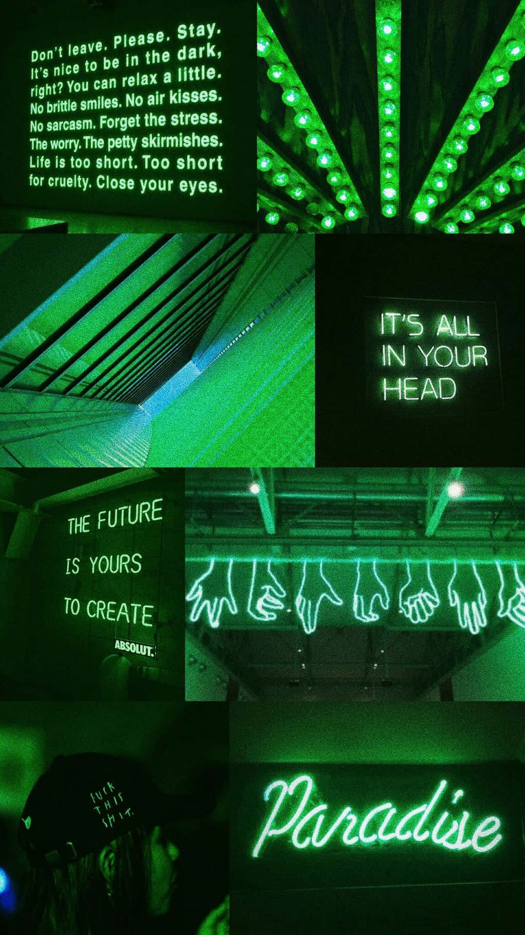 A Collage Of Green Neon Signs And Pictures Wallpaper