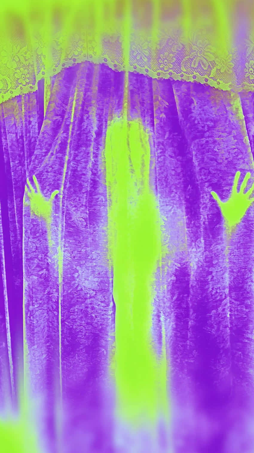 A Purple And Green Image Of A Woman With Her Hands Out Wallpaper