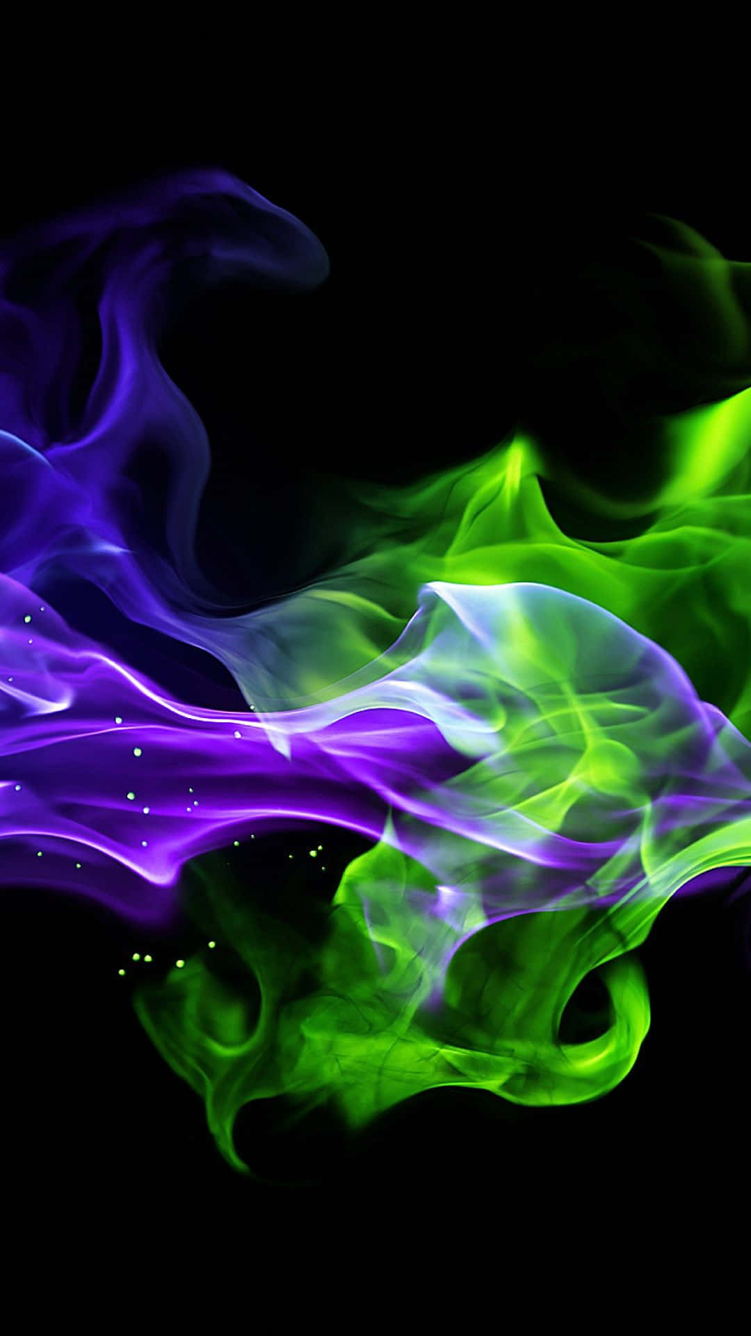 Lyse neon grønne og lilla farver mod en mørk baggrund skaber et afbalanceret og attraktivt billede. Wallpaper