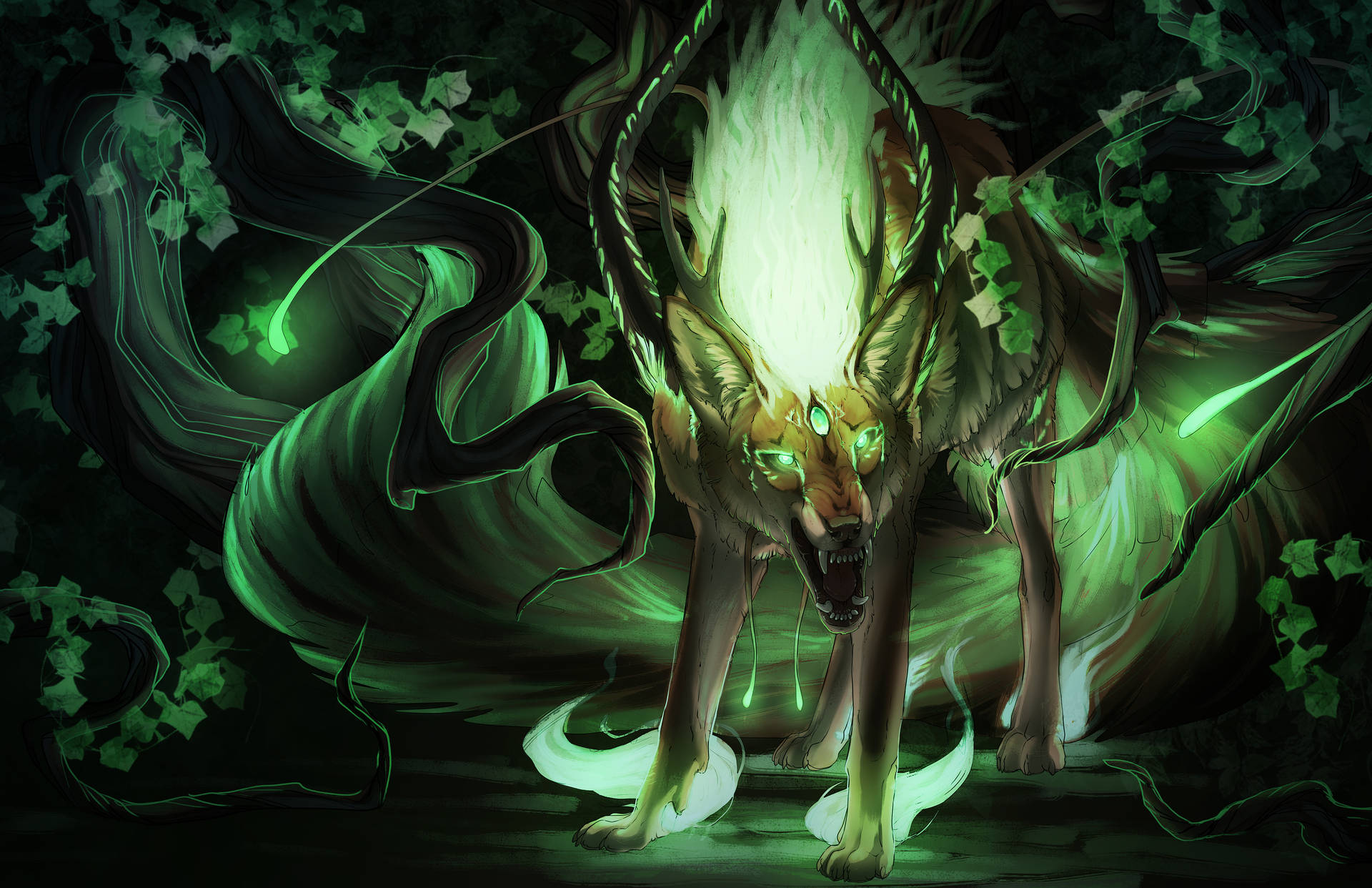 Enchanted Neon Green Reindeer in Mystical Land Wallpaper