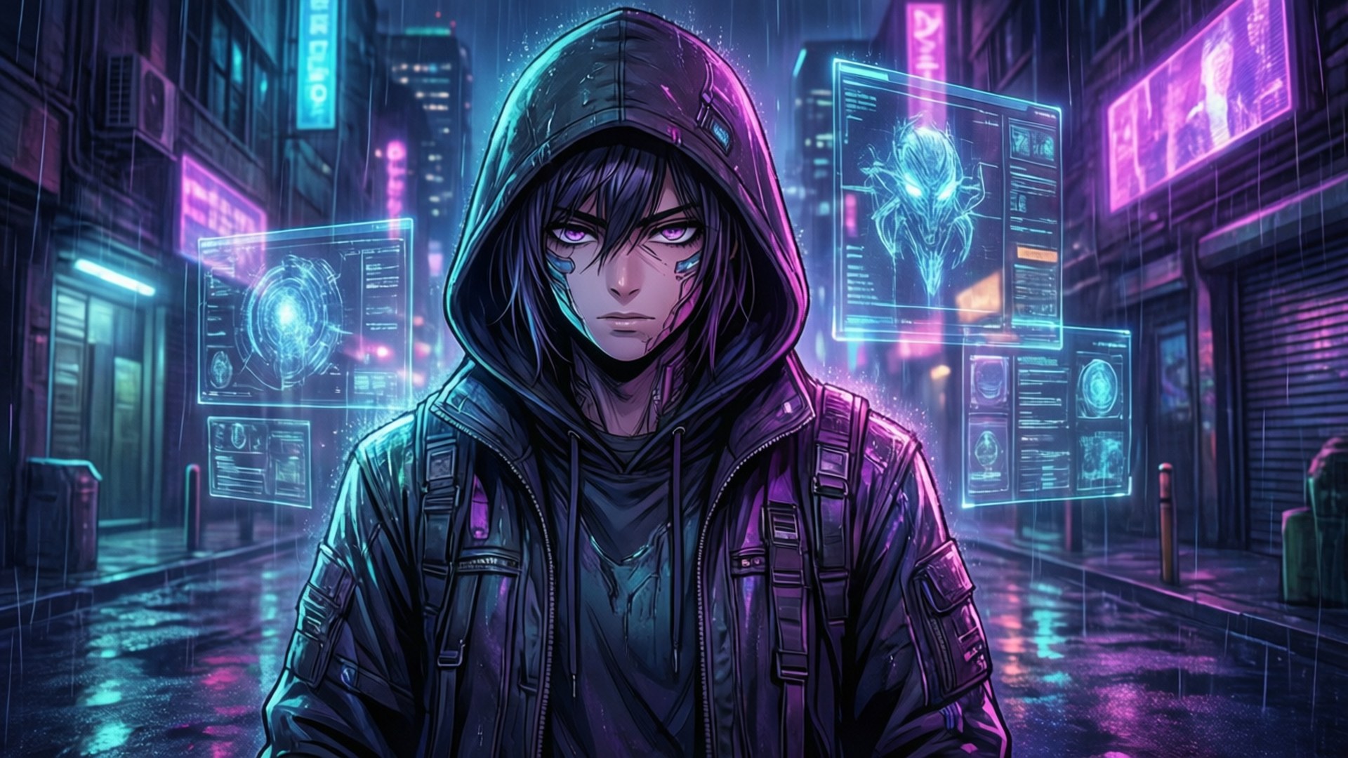 En cyberpunk anime-stil hacker står i en regnvåt gränd med neonljus och holografiska skärmar.