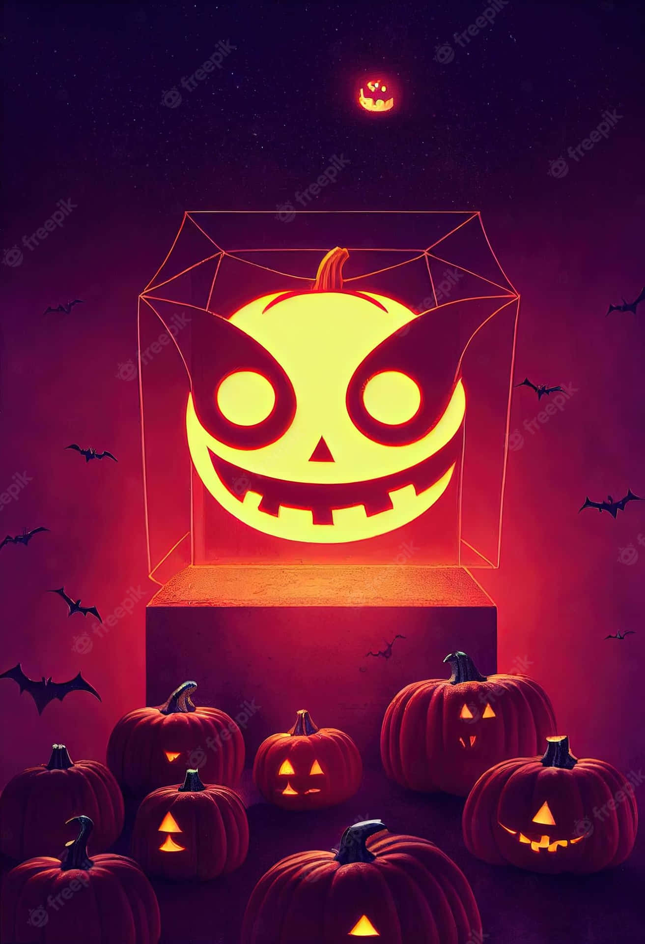 Halloweenpumpor I En Låda Med Ett Lysande Ansikte Wallpaper