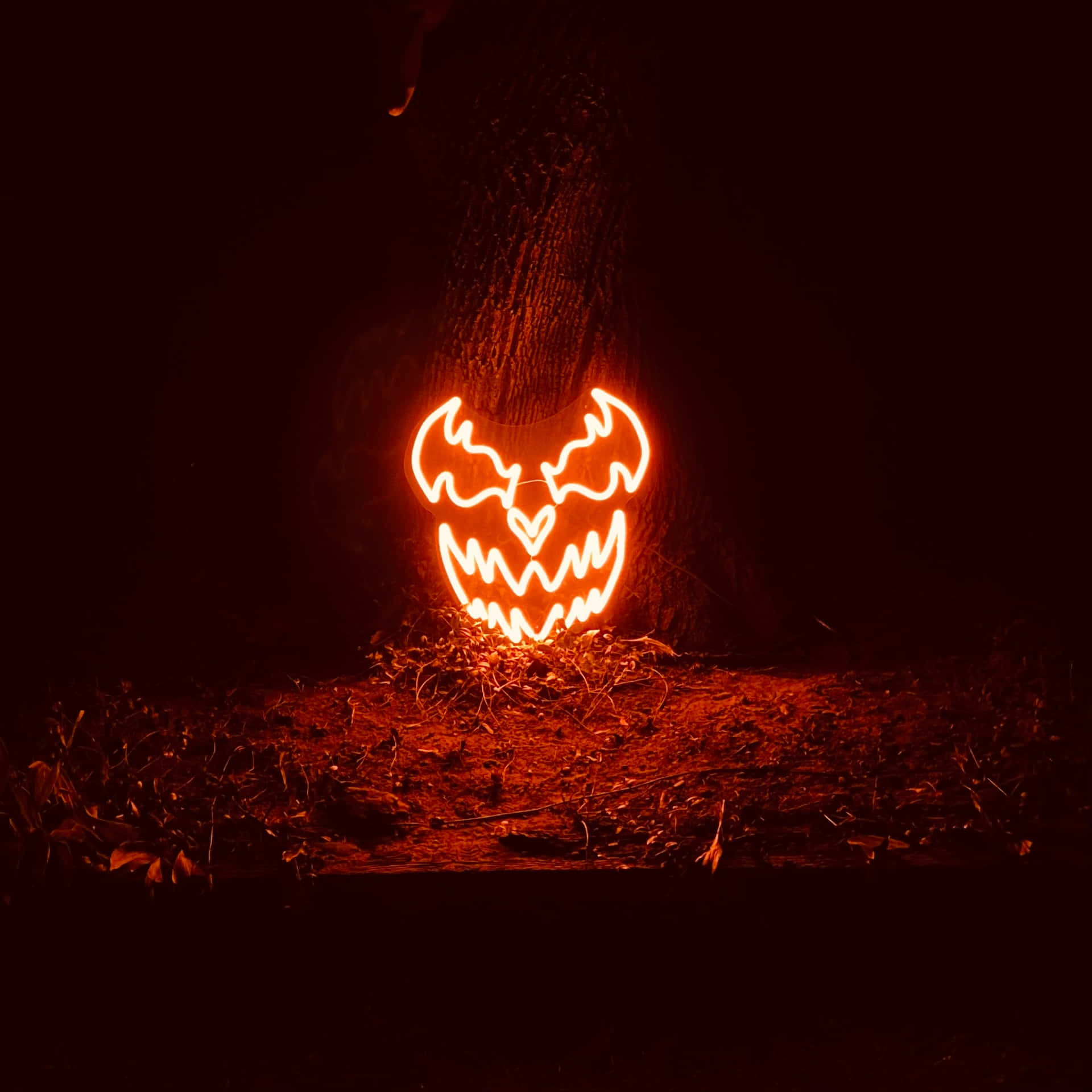 A Lighted Pumpkin Is Sitting In The Dark Wallpaper