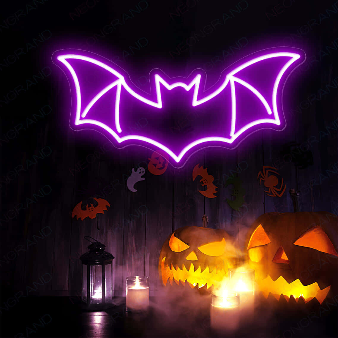 Segnaleal Neon Di Halloween Con Il Pipistrello. Sfondo
