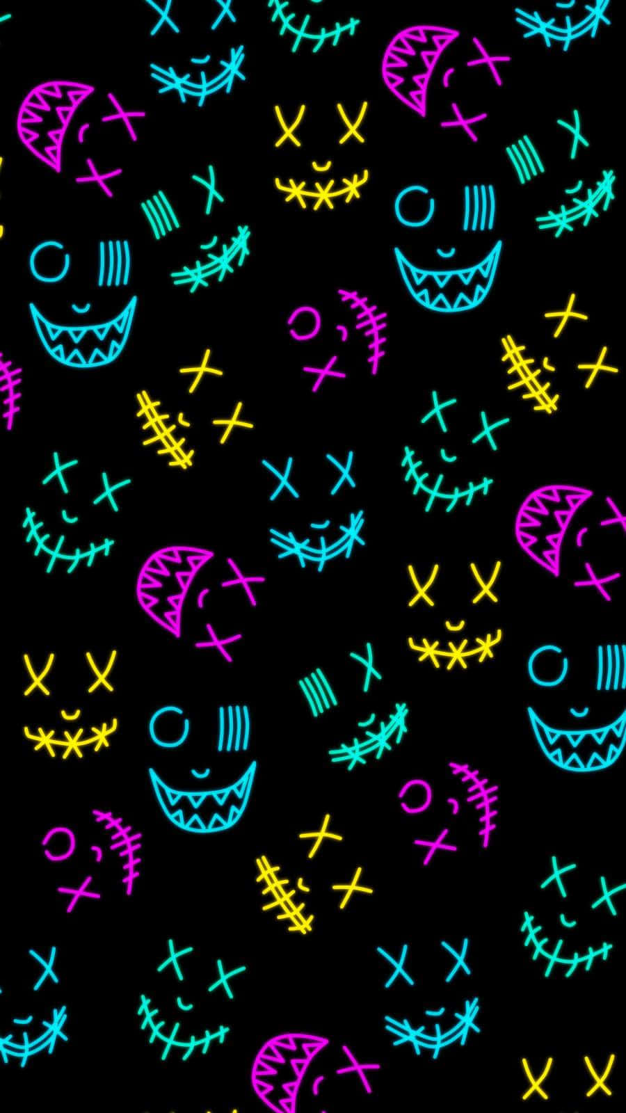 A Black Background With Many Neon Faces Wallpaper