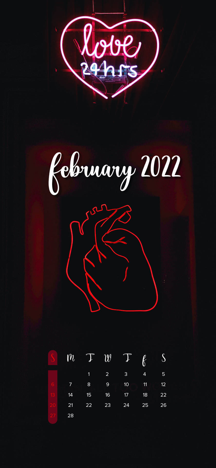 Calendariode Febrero 2022 Con Corazón De Neón. Fondo de pantalla