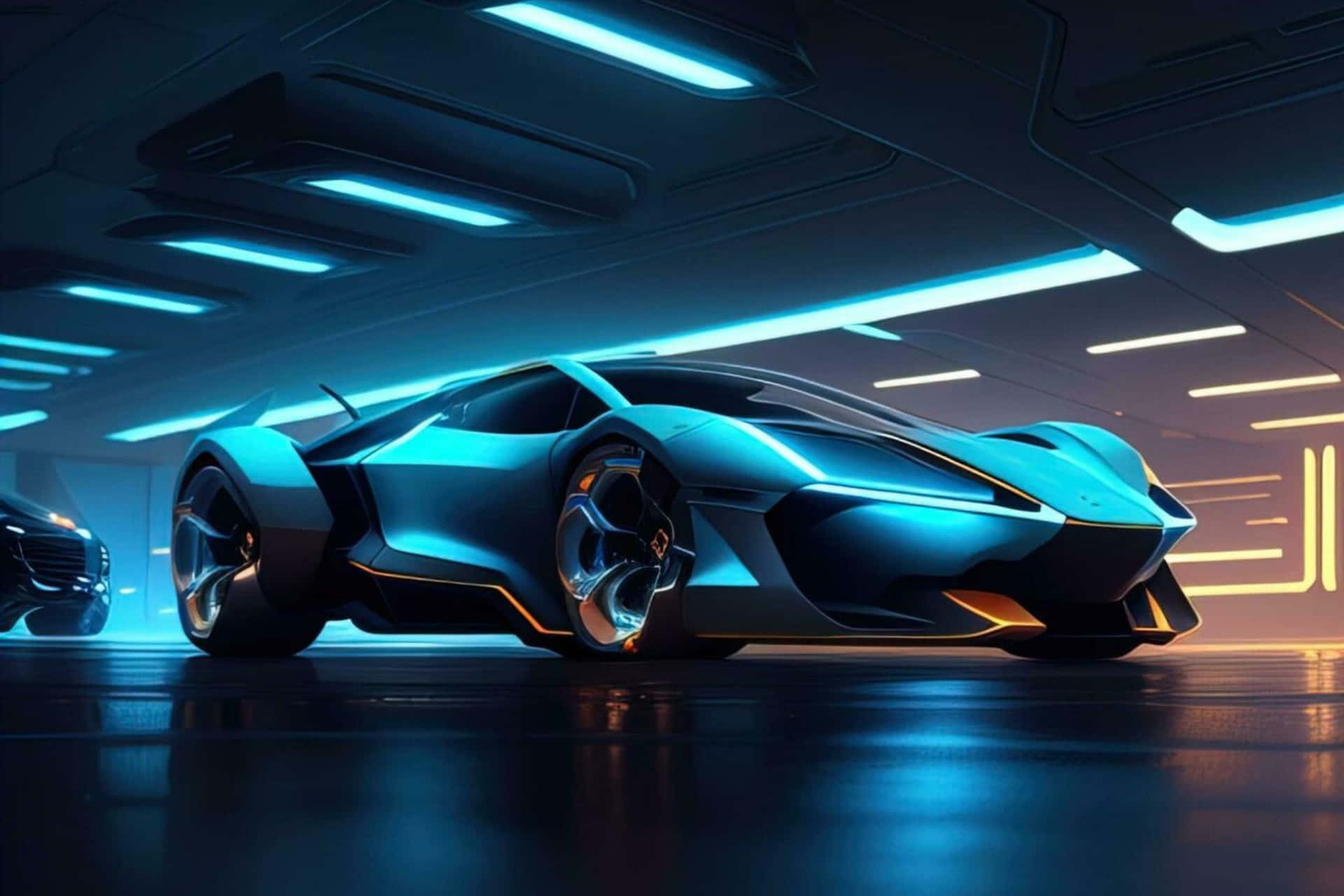 Neon Infused Lamborghini In Futuristic Garage Wallpaper