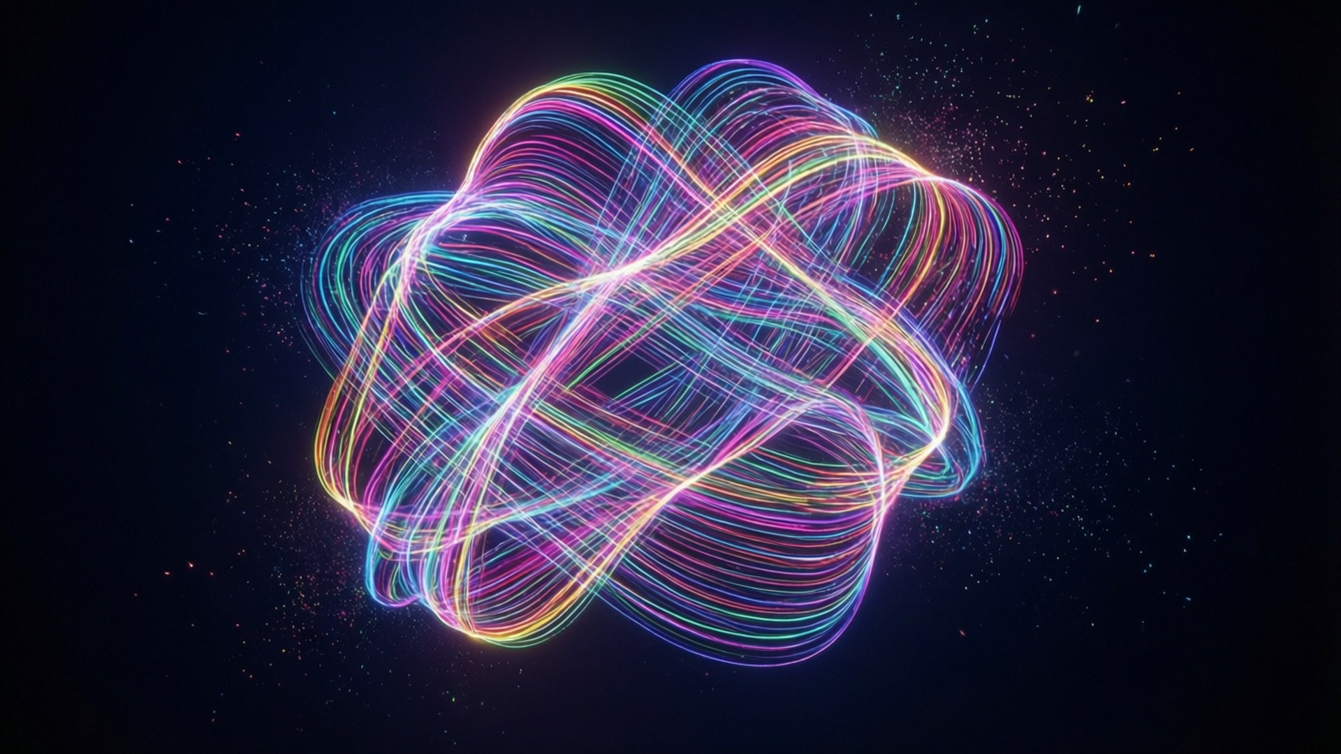 Abstracte gloeiende neonlijnen die een dynamische vorm vormen in donkere ruimte.