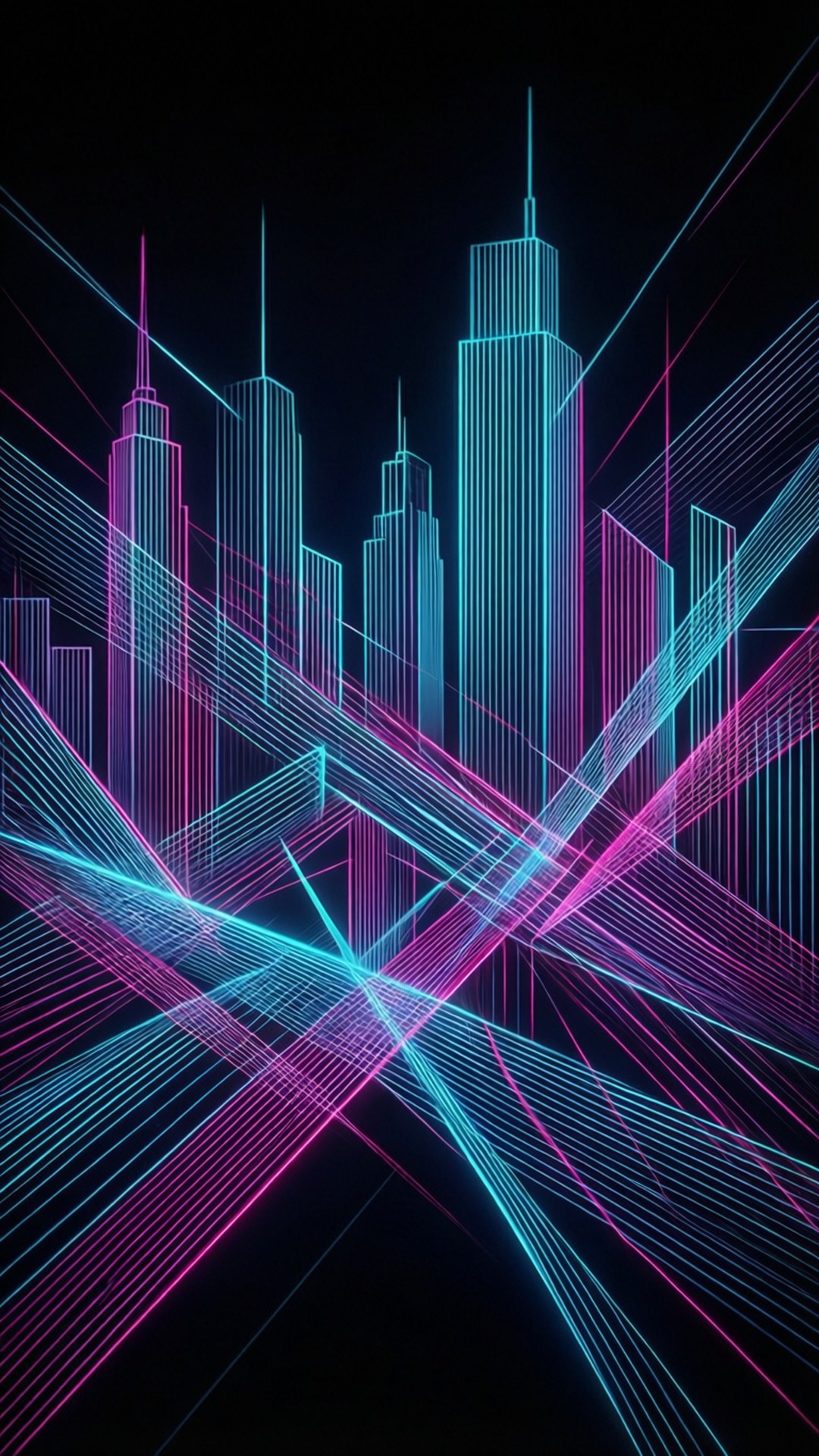 Abstract geometric wallpaper with neon straight lines forming a cityscape.