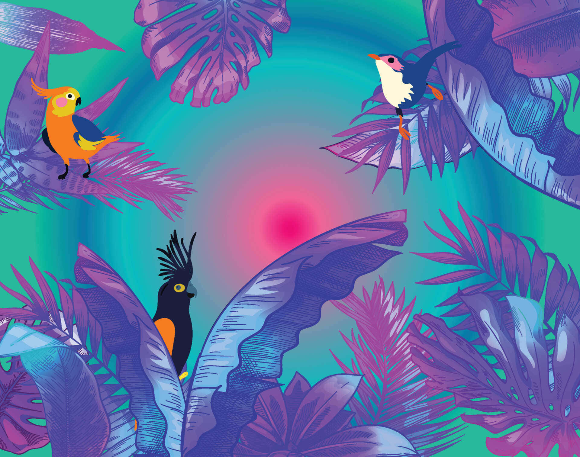 Neon Jungle Birds Illustration Wallpaper