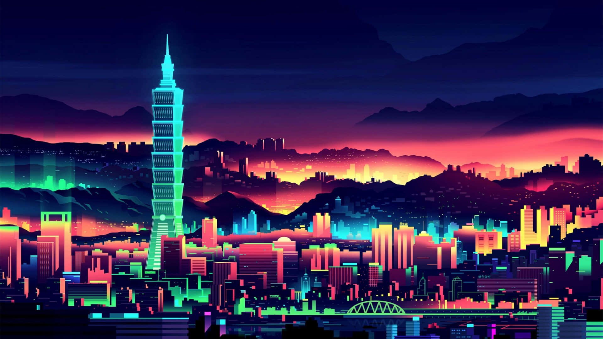 An illuminated cityscape with vibrant bursts of color Wallpaper