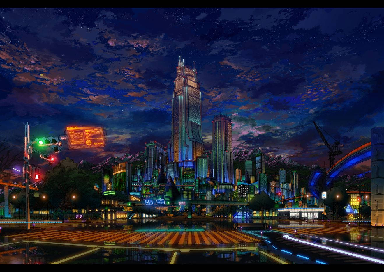 Neon lights reach far and bright in Anime City Wallpaper