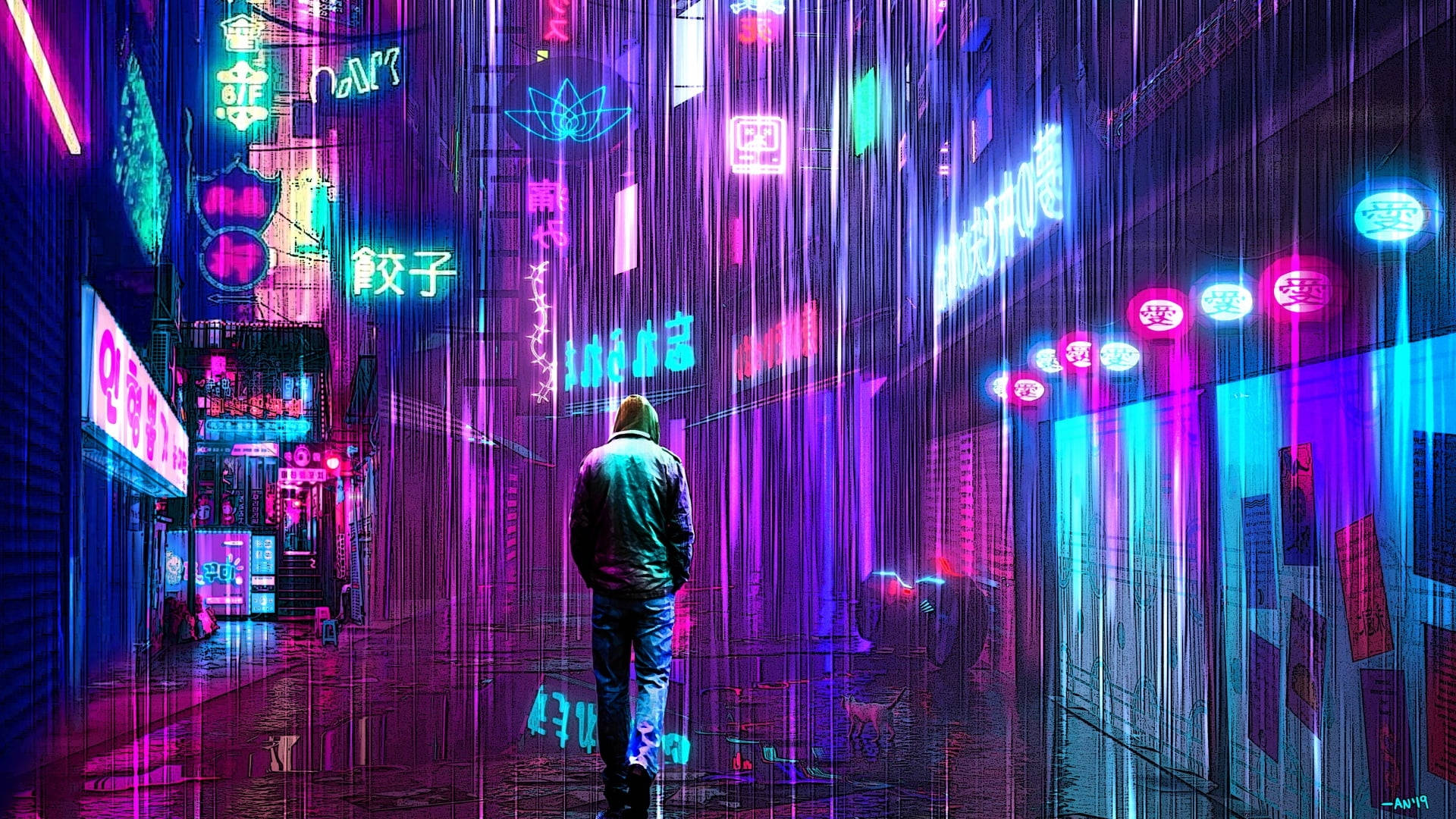 Neon Lights Rain In City Wallpaper