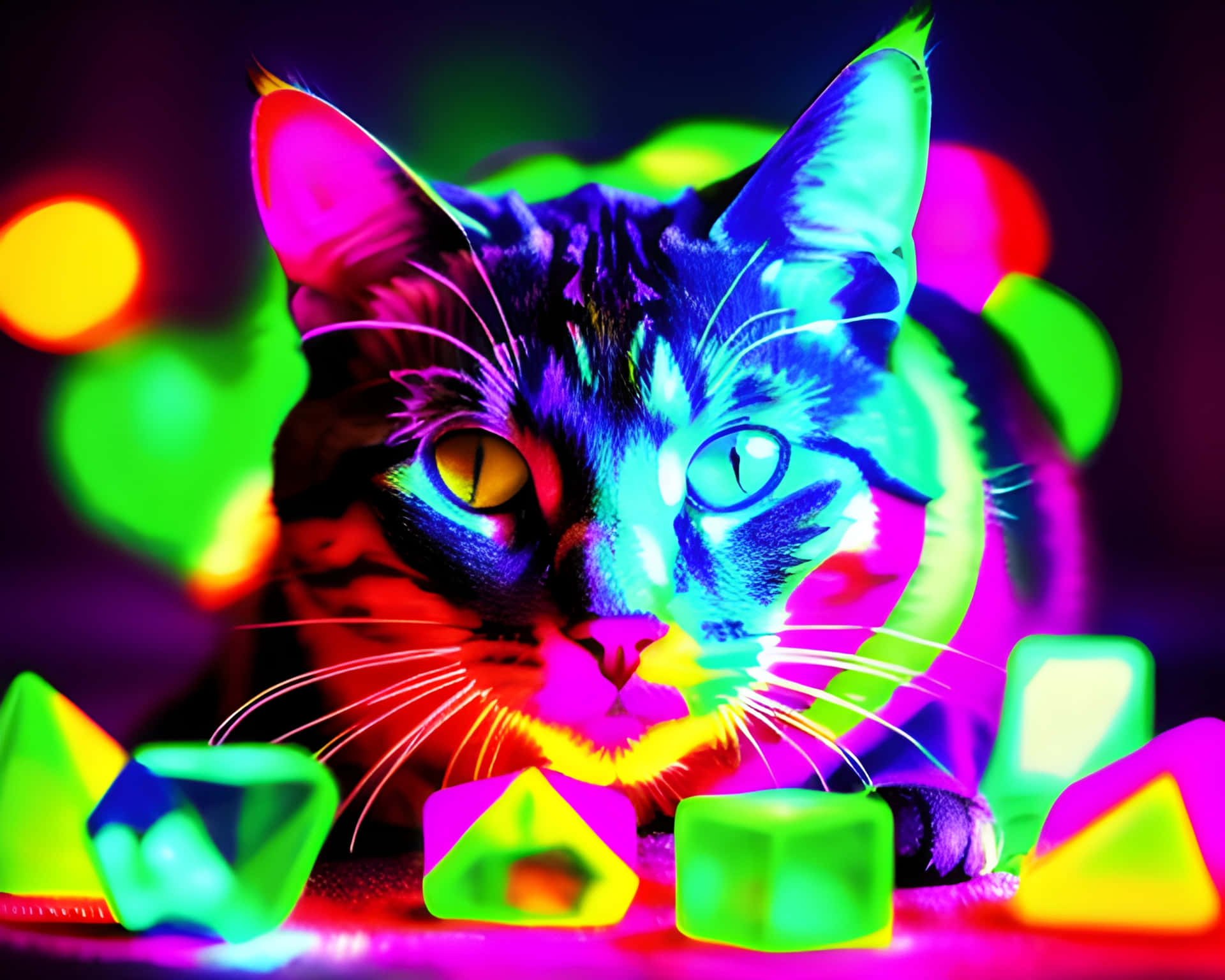 Neon Lit Cat With Colorful Shapes Wallpaper