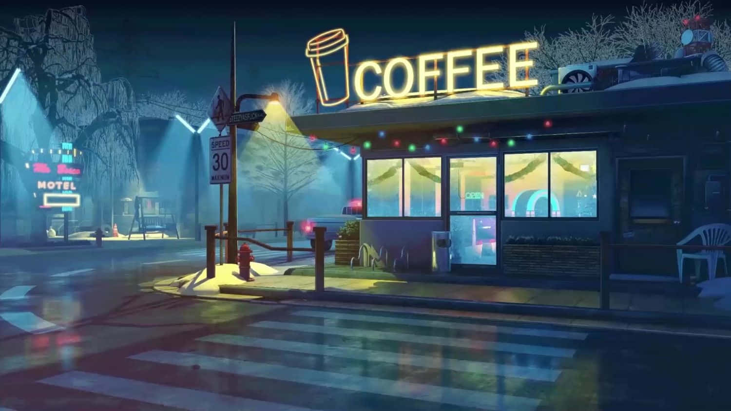 Neon Lit Coffee Shop Nighttime Wallpaper